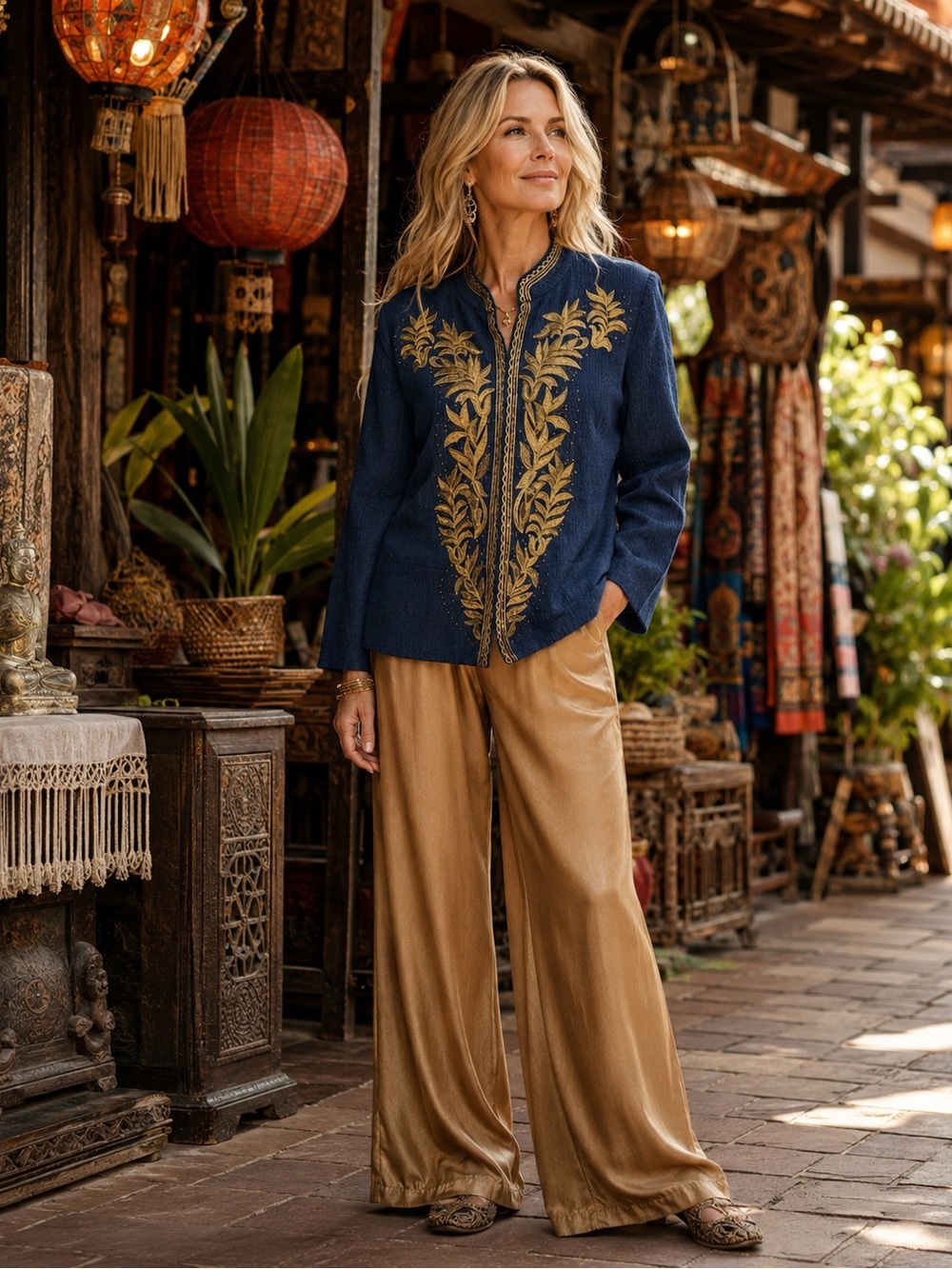 Vintage Entice Y2K Dark Denim Blue Gold Metallic Embroidered Boho Jacket L.